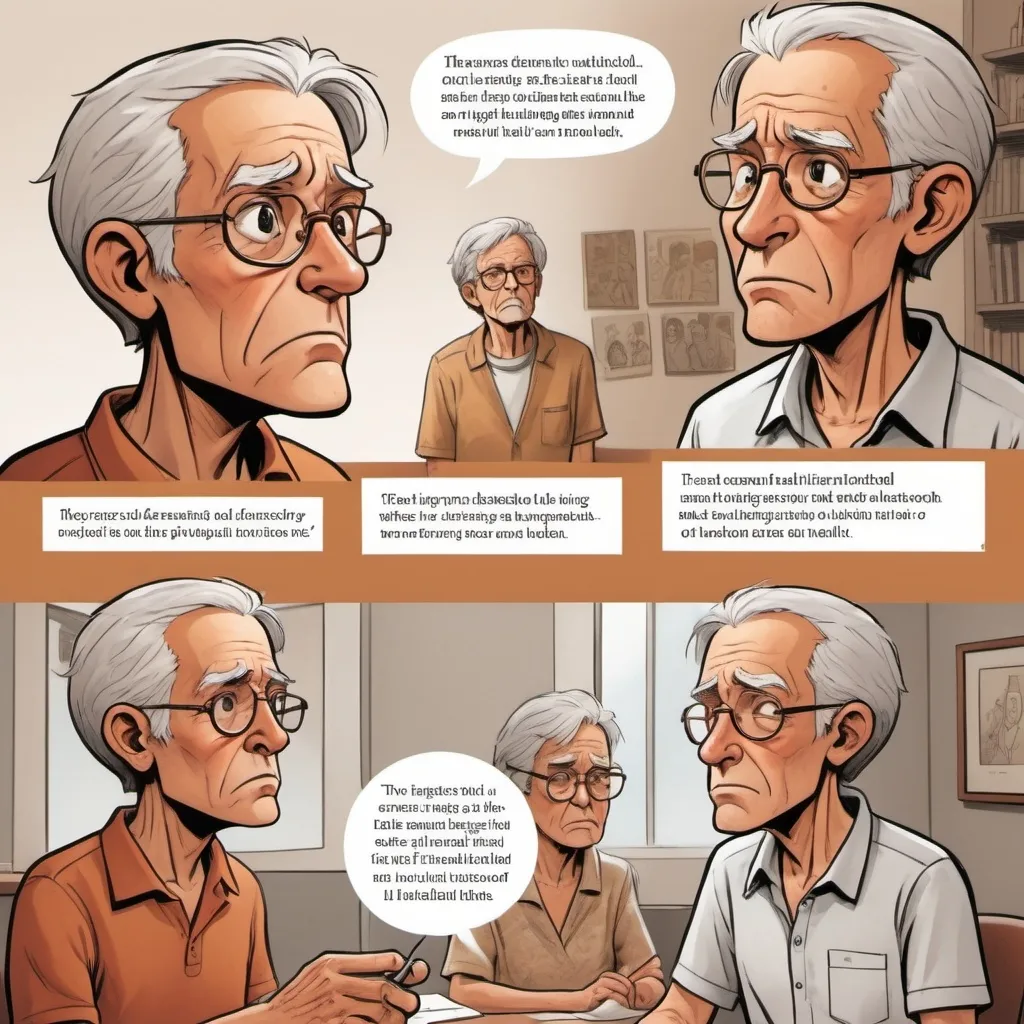 Prompt: (comic strip), (narrative style), protagonist experiencing T2DM, depicting loss of verbal memory, expressive facial features showcasing frustration, sequential panels illustrating cognitive decline, warm earthy tones, engaging and relatable storyline, high-quality illustrations, thoughtful and educational visuals, emotional ambiance highlighting the importance of health awareness, distinct character design with relatable attributes, impactful visuals that resonate with viewers. Few words.