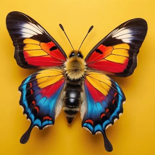 Prompt: Create a dramatic and striking visual of a colourful butterfly on a bright yellow background. Keep the image of the bumble bee as though it is sitting on a flat surface and the shot has been taken from a top angle. Make the bumblebee colourful with a lot of reds and blues with its wings spread out and the picture having been taken from the top