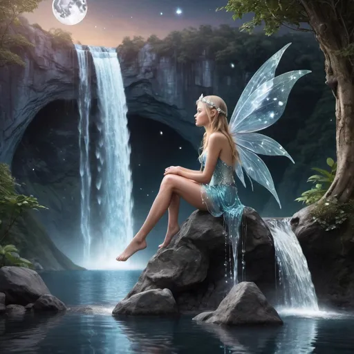 Prompt: A fairy sitting on the moon looking down at beautiful diamonds waterfall and water 