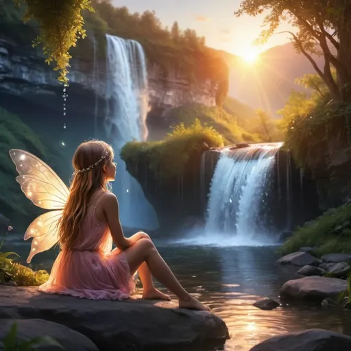 Prompt: A girl fairy watching the sunset by a beautiful waterfall water  stream  with sparkeling diamonds 