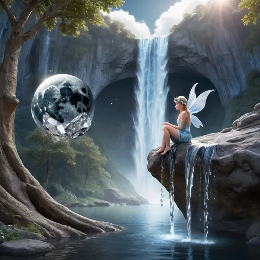 Prompt: A fairy sitting on the moon looking down at beautiful diamonds waterfall and water 