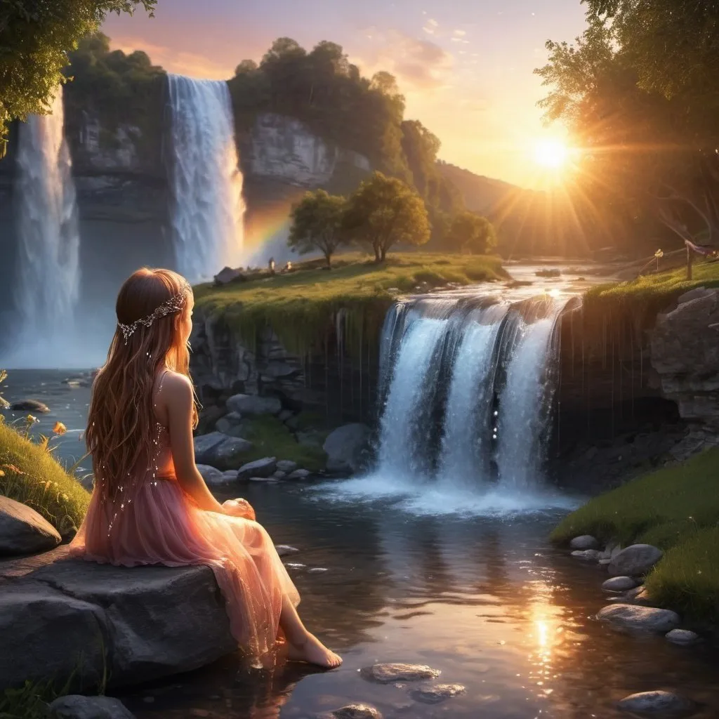 Prompt: A girl fairy watching the sunset by a beautiful waterfall water  stream  with sparkeling diamonds 