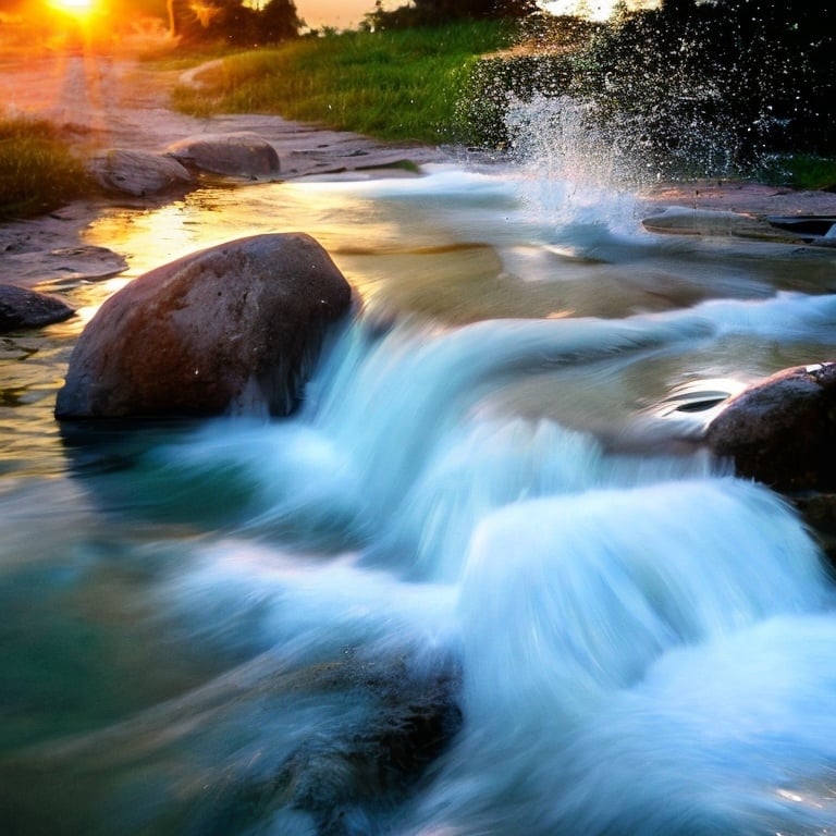 Prompt: Beautiful stream of water with little water fall at sunset and a couple  splashing there  feet in the water
