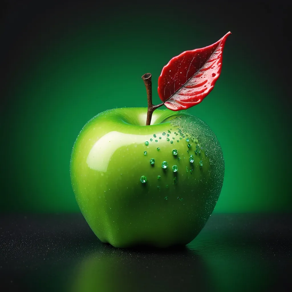 Prompt: A bright green apple with a red leaf coming out top that sparkles
