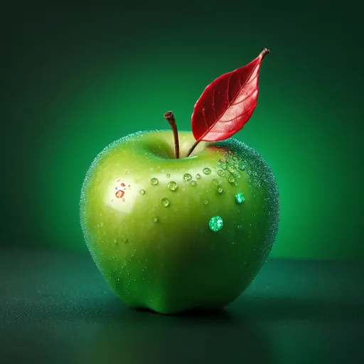 Prompt: A bright green apple with a red leaf coming out top that sparkles
