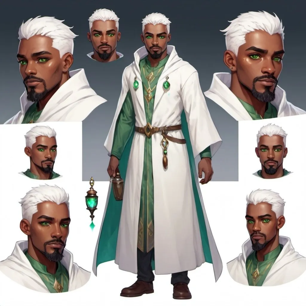 Prompt: Character design sheet male brown skin goatee beard blue and green eye heterochromia, white short hair, white 
 wizard robe with potions on the side, staff in hand,