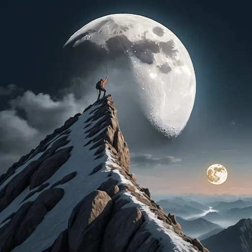 Prompt: A man climbing a mountain with a moon on the sky make it to look realistic 