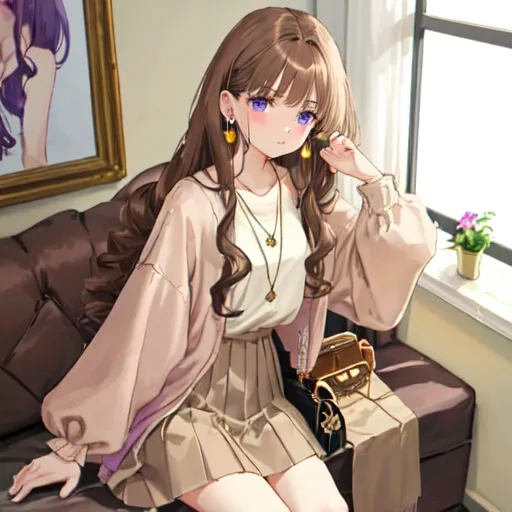 Prompt:  brown hair, beige clothes and skin , girl blue eyes purple heart necklace and earrings,long hair bangs skirt  has beige bag and brown skirt light pink blush at home sitting 
