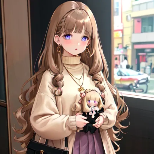 Prompt: brown hair, beige clothes and skin , girl blue eyes purple heart necklace and earrings ,long hair bangs skirt  has beige bag and black skirt light pink blush at home eyeliner beside blonde fluffy dog curly hair beige sweater Korean baby like face chubby cheeks doll face in korea

