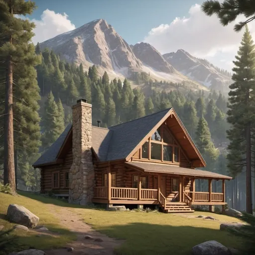 Prompt: Create a realistic depiction of a peaceful mountain retreat, complete with a cozy cabin nestled among towering pine trees