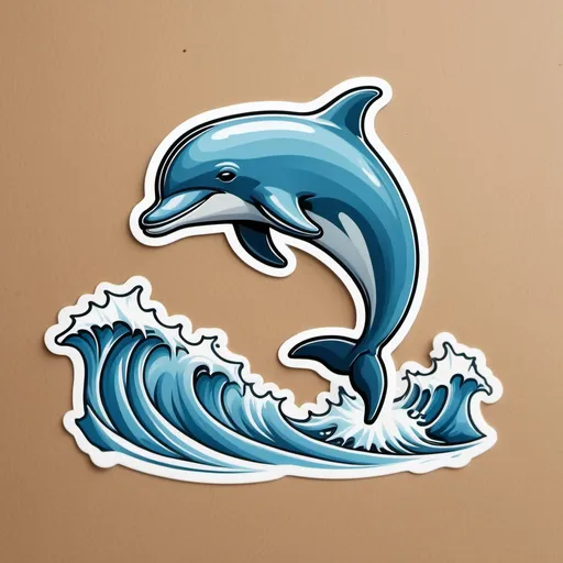 Prompt: a happy dolphin jumping out of water with waves all around