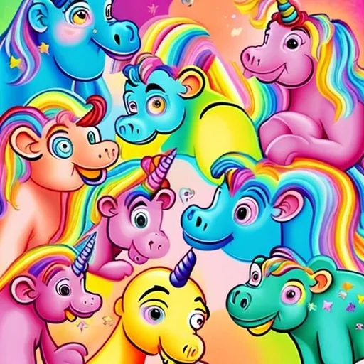 Prompt: A lisa frank style image of several unicorns and a monkey plus a hippo. Bright and colourful.