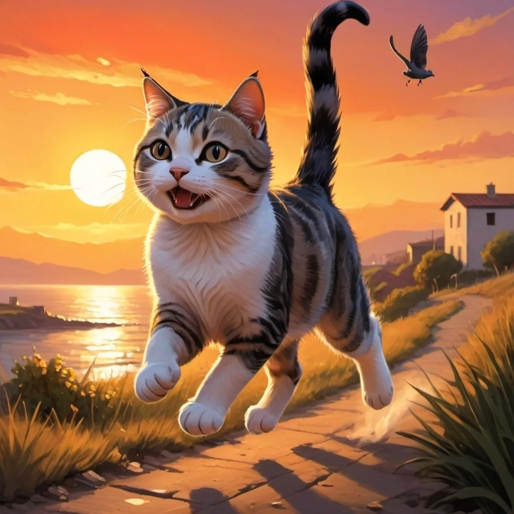 Prompt: A sunset with beautiful scenery with a cat running around playing make it cartoony and its from a far away view