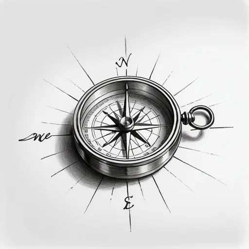 Prompt: loose realistic hand drawn black and white pencil sketch of a compass seen in 3/4 view drawn on white background, clean white background