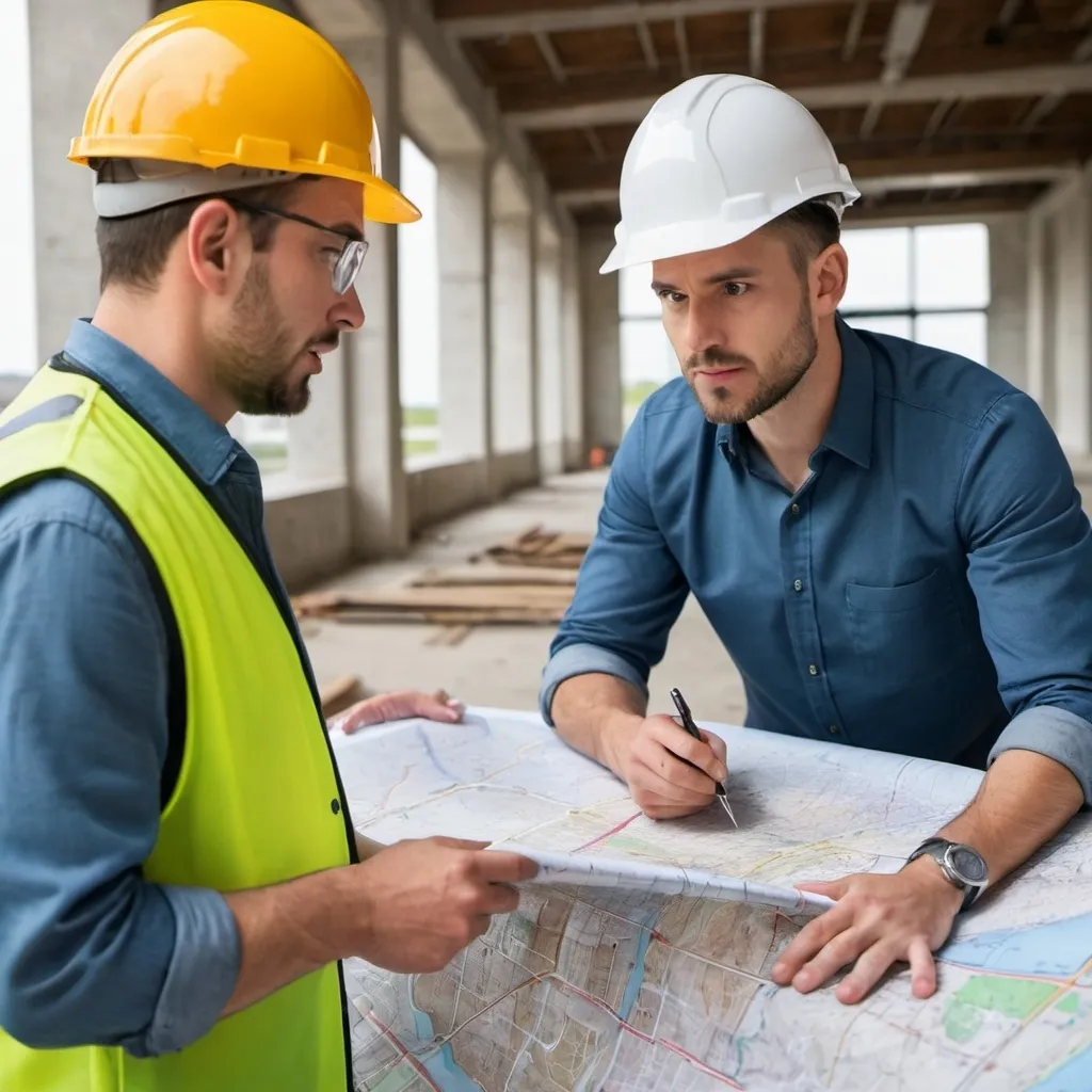 Prompt: I wanna photo male engineer in a site with manager looking at section of a map of building behind them