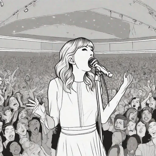 Prompt: Black and white line art portrait of Taylor Swift singing on stage in front of an excited audience, in the style of a colouring in book.