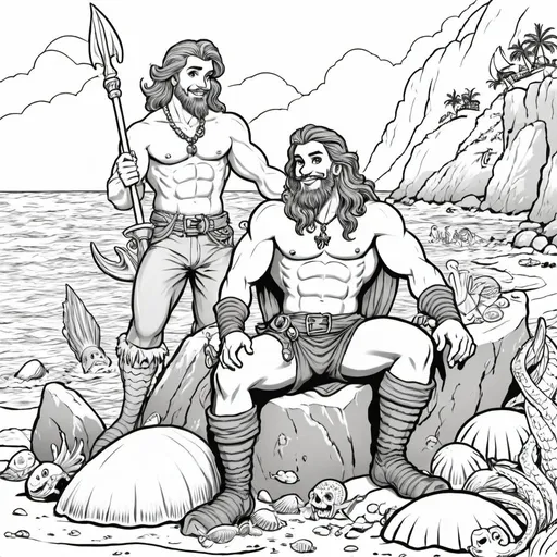 Prompt: black and white colouring book page of a muscular attractive Merman holding a trident sitting smiling on the rocks near a beach with 2 guys dressed as pirates looking in amazement show some shells on the beach and a pirate ship in the background 