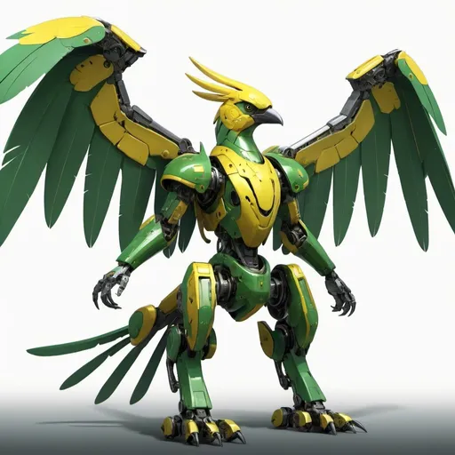 Prompt: a green and yellow bird with wings spread out of it's body and wings spread out of its body, Adam Rex, sumatraism, mecha, concept art