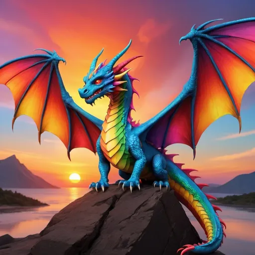 Prompt: A dragon sunset background,rainbow wings and red eye