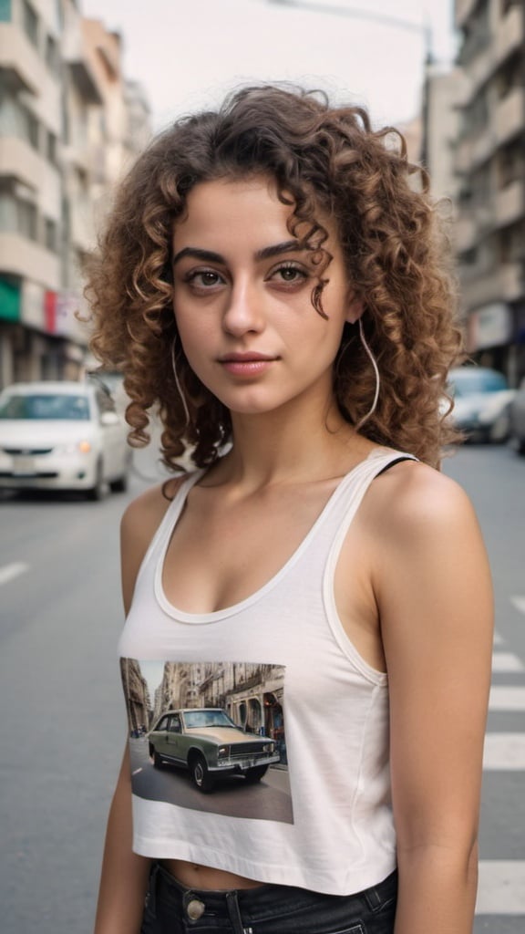 Prompt: a woman with curly hair and a tank top on a street corner with a city street in the background, Ayshia Taşkın, arabesque, beautiful face, a polaroid photo