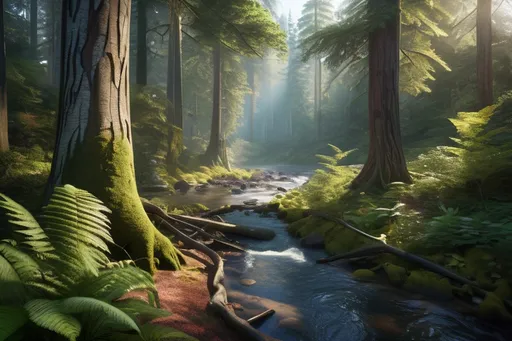Prompt: ultra-realistic forest scene, towering trees, vibrant foliage, meandering river, detailed textures, realistic lighting, realistic shadows, diverse flora, serene atmosphere, high quality, realism, nature, detailed, vibrant colors, textured bark, dense foliage, meandering water, natural lighting, peaceful ambiance, forest floor details
