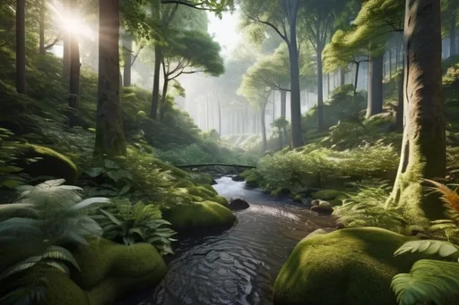 Prompt: 
Produce an AI-generated image of a hyper-realistic forest scene. Emphasize intricate details in the textures of towering trees, vibrant foliage, and a winding river. Prioritize lifelike lighting, shadows, and an abundance of realistic flora, aiming to authentically convey the tranquil atmosphere of an untouched forest.
