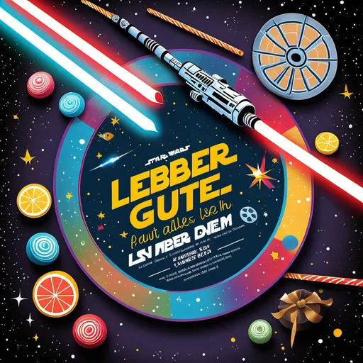 Prompt: (birthday invitation design), (Star Wars theme), vibrant colors, festive atmosphere, illustrated lightsabers, exciting film reel design, dinner table setting, starry night background, cinematic elements, cheerful and celebratory, high quality, perfect for a digital invite, ideal for special occasions. With following Text: "Lieber Bruder, alles Gute mein liebster: Aus dem Plan steht: Essen und Film, was will man mehr! Ich freu mich!"