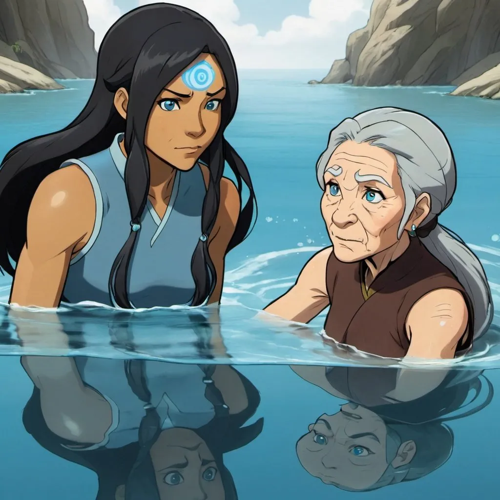 Prompt: Legend of korra comic panel, old lady meets a waterbender girl with Blue eyes, Long hair, balck hair in the water tribe