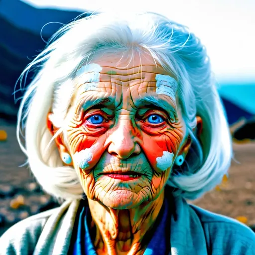Prompt: An old woman with white hair andsky eyes 