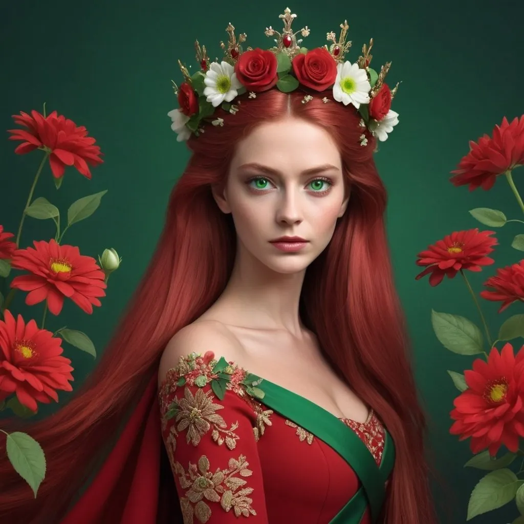 Prompt: Create an image of a queen having flowers on long hair red dress with green eyes 