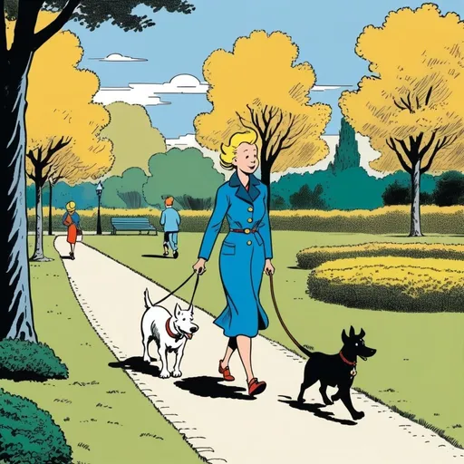 Prompt: woman walking with her dog in a park, 2d comic book panel, in the style of Tintin by Hergé