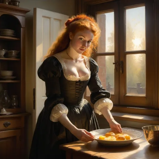 Prompt: Rembrandt Oil painting, gothic,  redhead maid, big cleavage, putting a dish of breakfast on a dining room table, golden light through open french doors, halo of sun around hair, balancing on one foot, oak  cabinets. 