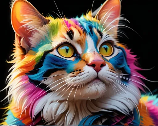 Prompt: Create colorful, high-detail paintings with vivid, vibrant colors and bold brushwork. Focus on high contrast and slick stripes for a graphic effect. Use 8k resolution for optimal clarity and detail. Show a mysthical cat with astounding realism.