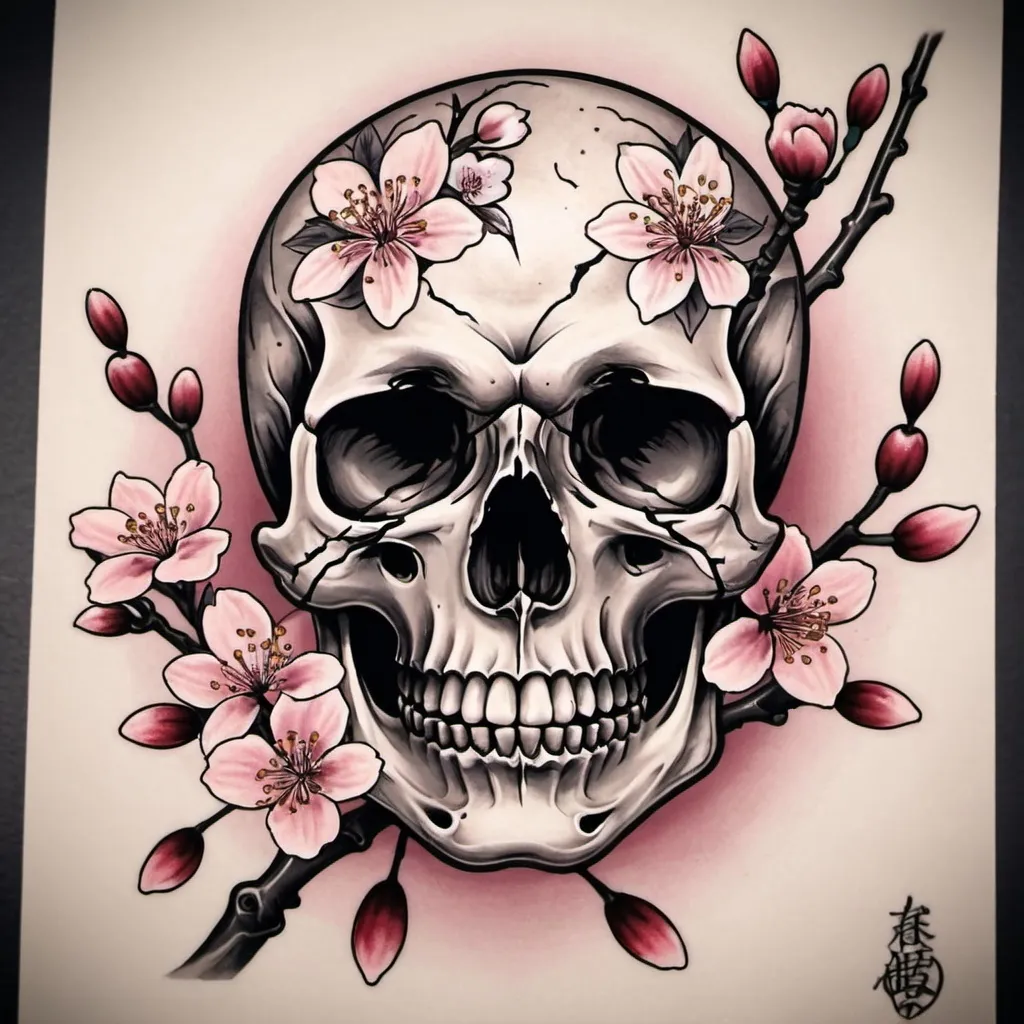 Prompt: Tattoo style skull and cherry blossoms
