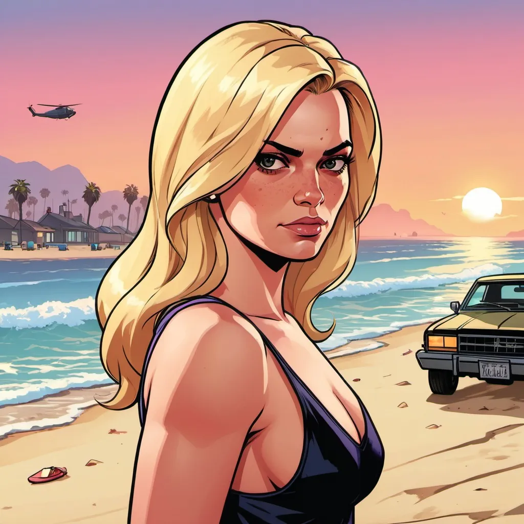 Prompt: GTA V cover art, blonde woman on the beach at sunset, cartoon illustration