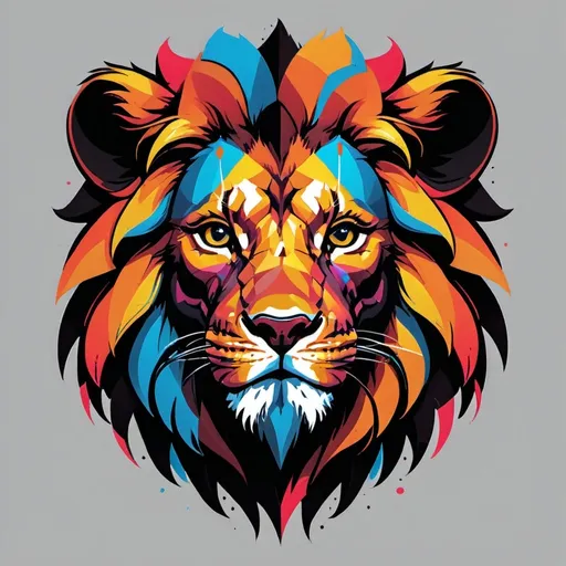 Prompt: Create a bold, vector-style streetwear design featuring a dynamic graphic of a stylized lion's head with vibrant geometric shapes. The design should have sharp, clean lines with a modern, edgy look. The color scheme should be a mix of black, neon orange, and electric blue, with a minimal white background for easy extraction. The lion's features should be abstract yet recognizable, with exaggerated details to make it stand out. Keep the design suitable for printing on T-shirts and hoodies, ensuring it is high contrast and visually striking.