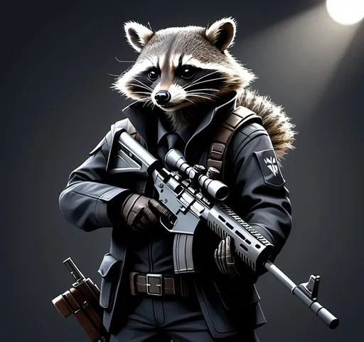 Prompt: a realistic assasin raccoon with medival dark grey assasin suit holding sniper rifle with shadow background is murdering shadows