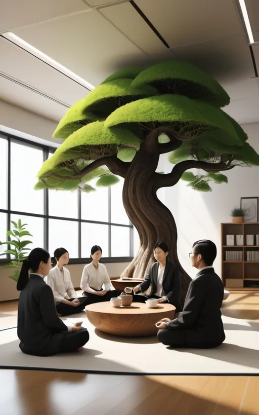 Prompt: Workers are wqoorking in an office that practices Zen Bhudism, they are sitting down discussing ideas with tea brewibng in the center of the room, and a bonzai treee in the backround. the image should be animated