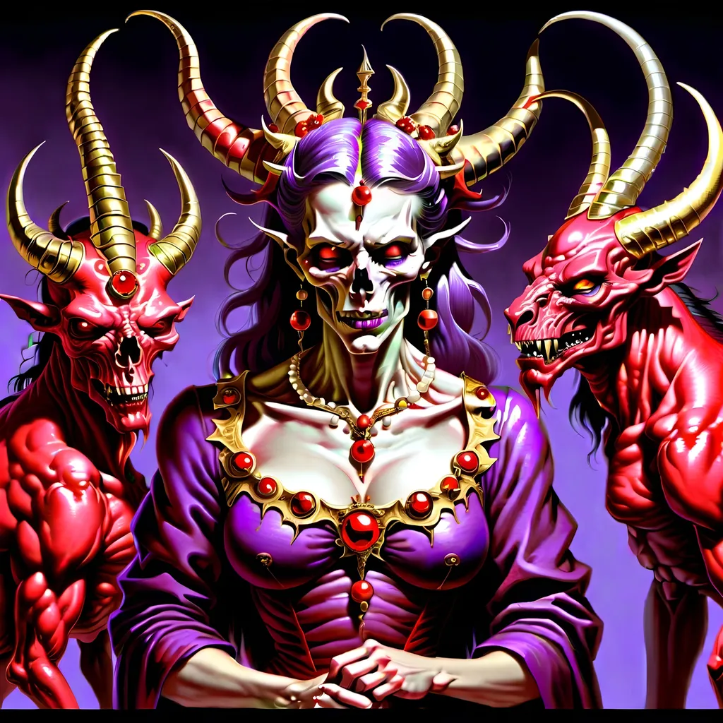 Prompt: I saw a woman sit upon a scarlet colored beast, full of names of blasphemy, having seven heads and ten horns.

And the woman was arrayed in purple and scarlet color, and decked with gold and precious stones and pearls, having a golden cup in her hand full of abominations and filthiness of her fornication:

And upon her forehead was a name written, MYSTERY, UNITED STATES OF AMERICA, THE MOTHER OF HARLOTS AND ABOMINATIONS OF THE EARTH.