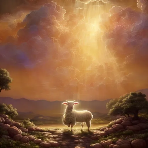 Prompt: (majestic representation of a lamb), ethereal light surrounding the lamb, serene expression and gentle posture, (whimsical clouds in a heavenly backdrop), soothing sunrise colors illuminating the scene, peaceful and harmonious ambiance, biblical theme, dramatic lighting effects creating a divine glow, 4K, ultra-detailed textures, inviting and spiritual atmosphere, conveying a sense of hope and redemption.