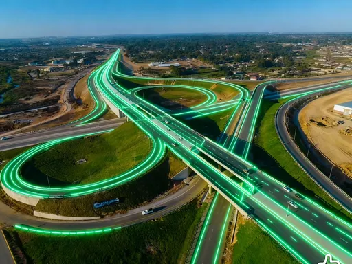 Prompt: A picture of trabablas intersection in Zimbabwe looking beautiful with glow in the dark road markings 