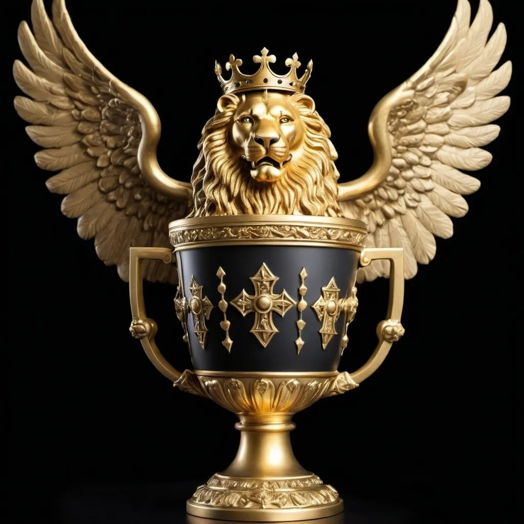 Prompt: Lion with a golden big crown and in the background in the skies there is a Cross sign and an angelic big wings cover the lion, making a some kind of shade. besides the Lion, there is a Holy grail cup made of pure Gold on the right side of the lion and a golden-silver lampstand of seven heads on the left side. A trumpet of seven heads in the skies not clearly seen. Black background with engrave words on the walls in Hebrew language translated as "King of Kings and the Lord of Lord" scattered all over the walls