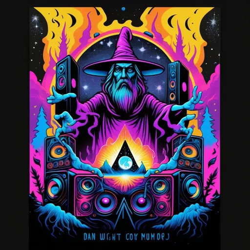 Prompt: Illustration of a mystical wizard with folk magic, towering PA speakers left and right, DJ mixer, psychedelic art by Dan Mumford, dark and psychedelic poster art, dark side of the moon, high quality, detailed wizard, magical atmosphere, vibrant psychedelic colors, surreal lighting, black and white