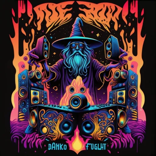 Prompt: Illustration of a mystical wizard with folk magic, towering PA speakers left and right, DJ mixer, psychedelic art by Dan Mumford, dark and psychedelic poster art, dark side of the moon, high quality, detailed wizard, magical atmosphere, vibrant psychedelic colors, surreal lighting, black and white