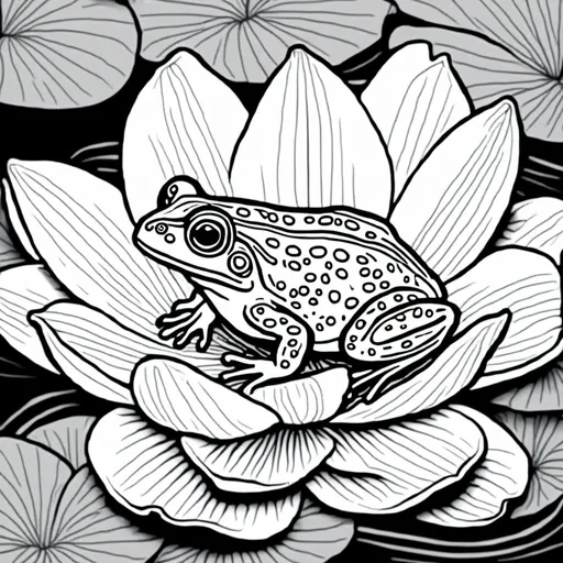 Prompt: frog on a lily pad, simple black and white coloring book art, in the style of <mymodel>