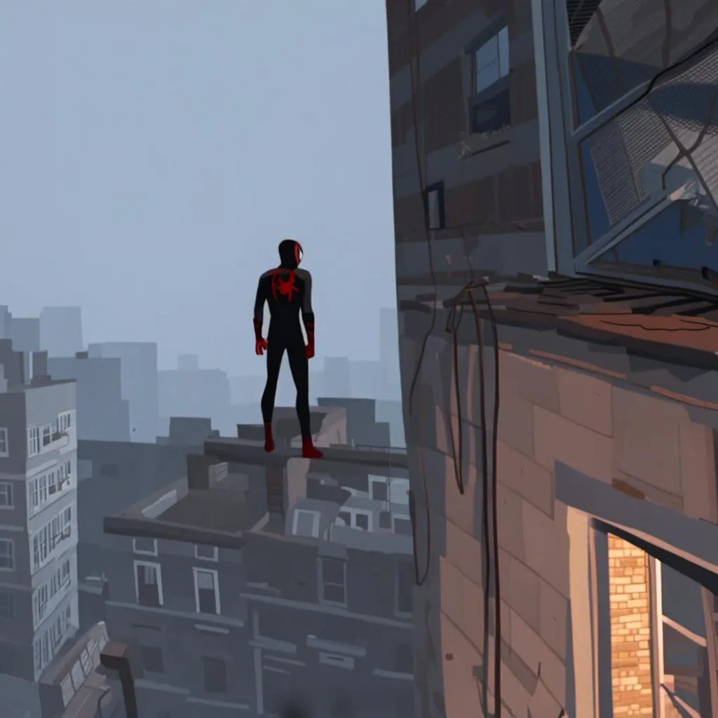 Prompt: spiderman standing on top of a building in the style of <mymodel>