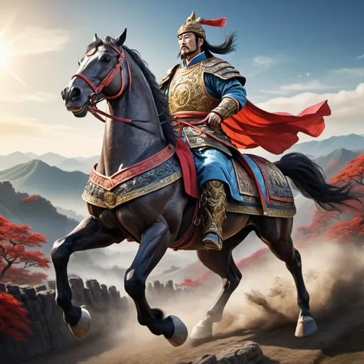 Prompt: (cao cao in three kingdoms), legendary warrior, (heroic pose), riding a majestic horse, intricately detailed armor with elegant patterns, dynamic action as horse gallops, dramatic background of rolling hills and a sunny sky, vibrant colors highlighting richness of the scene, intense expression conveying determination and valor, (ultra-detailed) and (4K) quality.