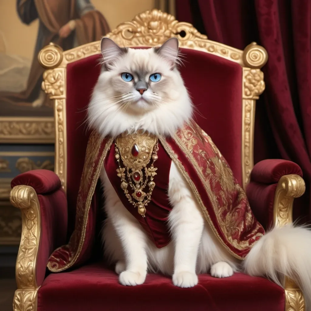 Prompt: Old Birman cat (regally adorned in luxurious king's clothes), majestic posture, rich textures, royal colors of deep red and gold, opulent fabric details, renaissance setting, softly illuminated, stunning backdrop of a vintage palace or throne room, high quality, ultra-detailed, whimsical charm, delightful and noble ambiance.