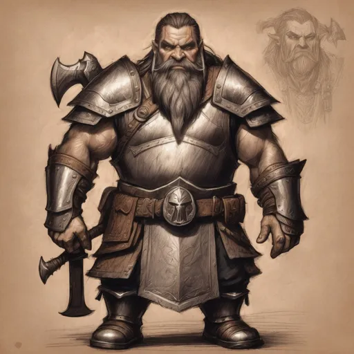 Prompt: dwarf with braids, detailed metal armor, wielding an axe, sketch on light brown paper, World of Warcraft art, pencil texture, high detail, traditional sketch, fantasy, rugged textures, dark and gritty, earthy tones, dramatic lighting