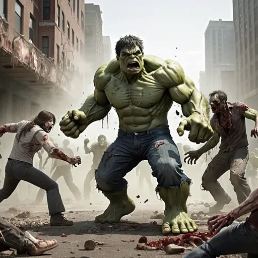 Prompt: post apocalyptic the hulk punching zombies